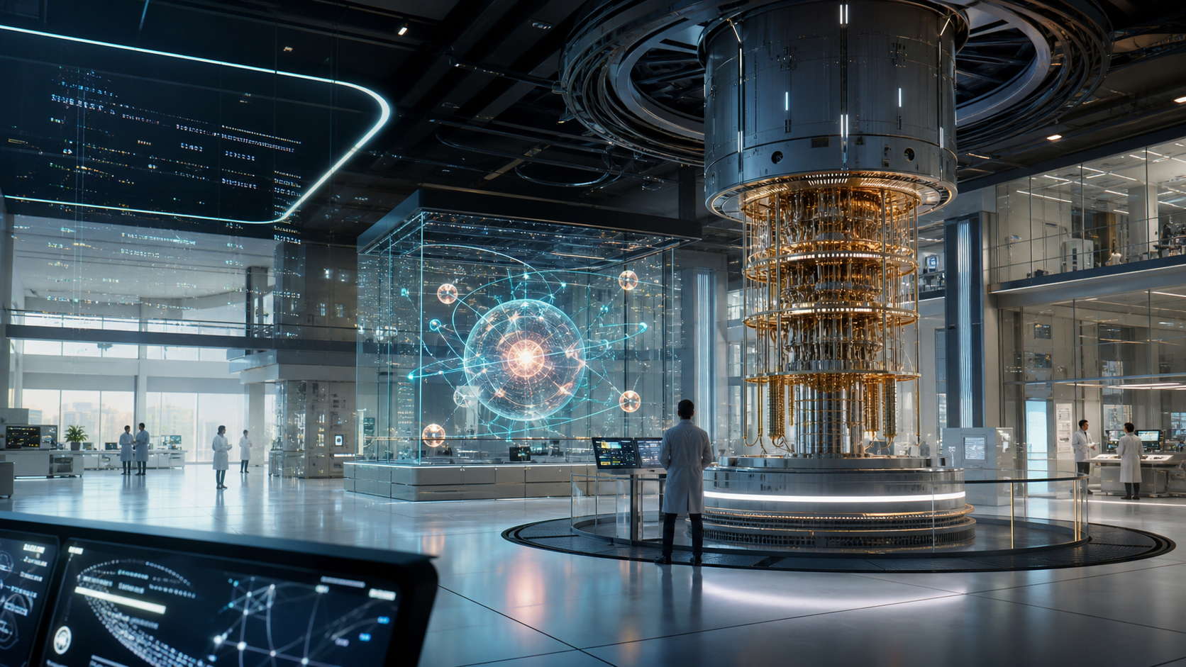A cinematic quantum AI laboratory with a glowing cryogenic compute core